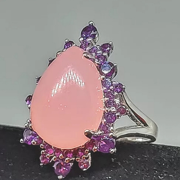 Natural Pink Chalcedony & Amethyst 925 Sterling Silver Ring Sz 7 - Picture 3 of 4